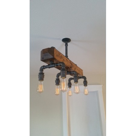 Candelabro Lampara Vintage Industrial Madera y Pendants 6 Focos Edison