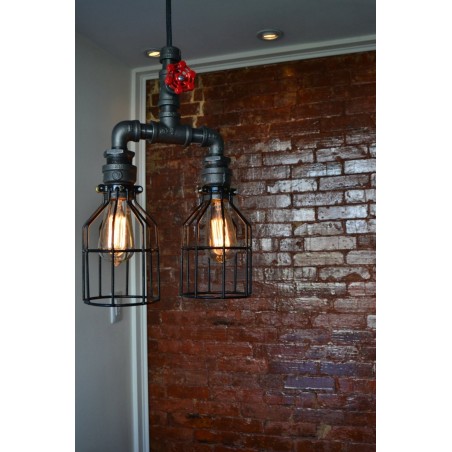 Lampara Vintage Industrial Colgante Tuberia Birdcage Llave Roja Doble