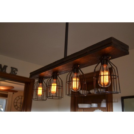Candelabro Lampara Vintage Industrial Madera y Birdcages 4 Focos Edison