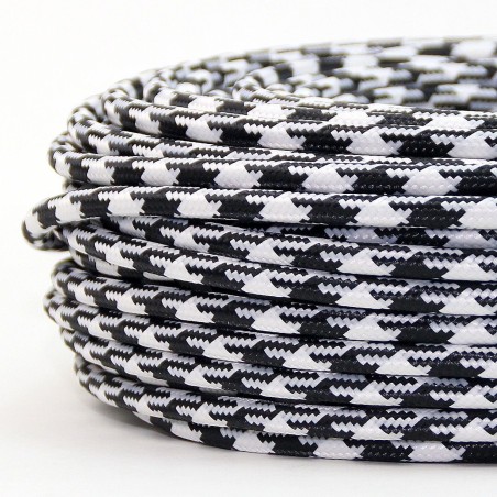 Cable Textil Vintage Eléctrico Retro Houndstooth Blanco y Negro Slim