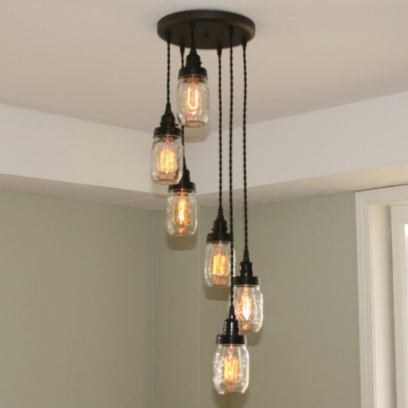 Candelabro Lampara Vintage Industrial Cluster 6 Mason Jars