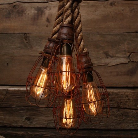 Candelabro Rope Lampara Vintage Industrial Cuerda 4 Jaulas Edison