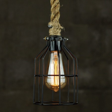 Lámpara Colgante Techo Vintage Cuerda Con Jaula Foco Edison Birdcage